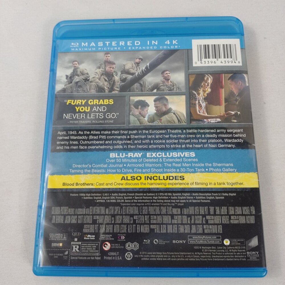 Fury - 2014 - Rated R - Blu/Ray DVD - Used - Picture 2 of 3
